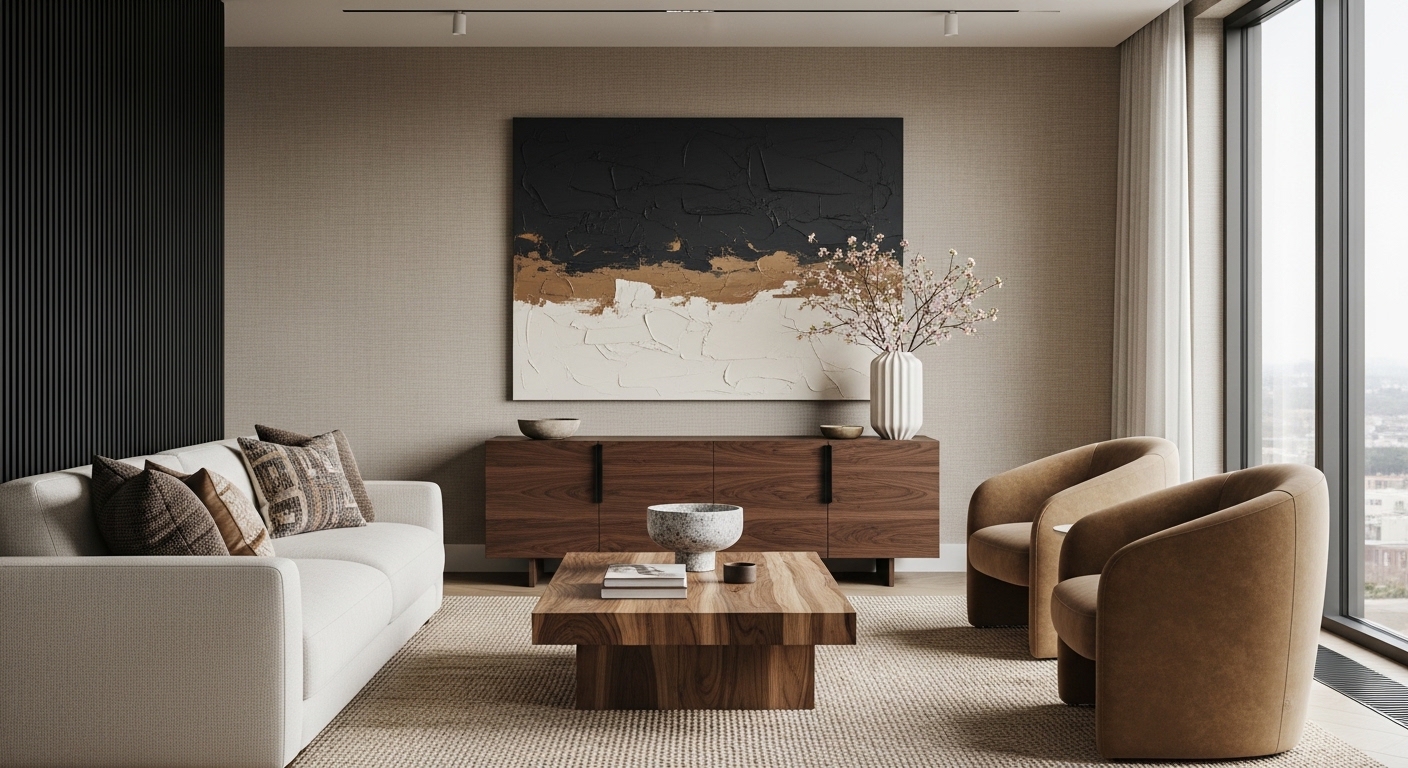 Warm neutral living room with a walnut sideboard, cream sofa and tan armchairs
