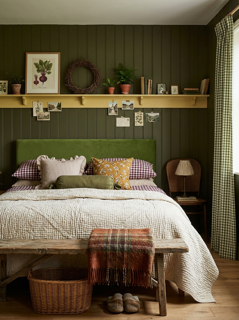 Olive green paneled bedroom wall with a yellow picture ledge above a green headboard