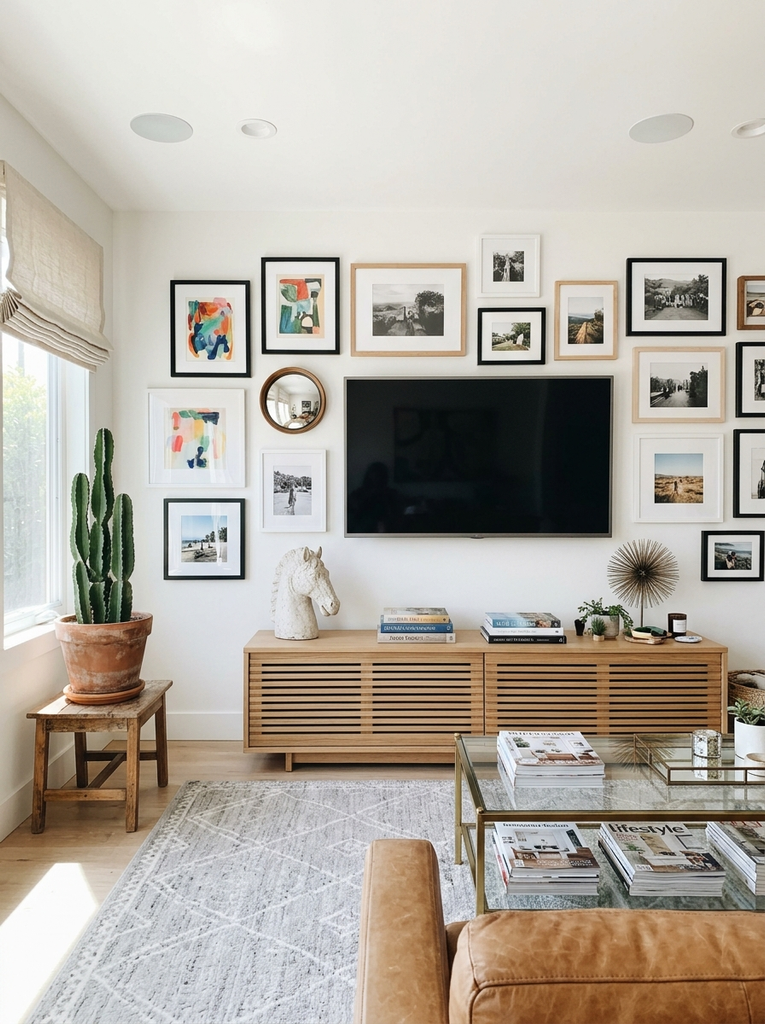 TV wall decor with a mounted TV among mixed frames above a low slatted oak console and a tall cactus in a terracotta pot