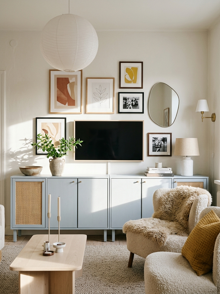 Pale blue-gray cabinets under a TV framed by abstract prints, with a paper lantern pendant and a brass wall light