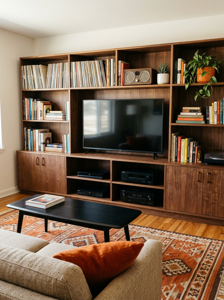 Walnut shelving unit with a TV niche, vinyl records, books, plants in white and orange pots and a vintage radio