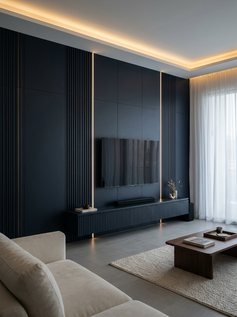 Navy fluted-panel TV wall with vertical LED lines, a ceiling cove and a floating fluted console with a soundbar