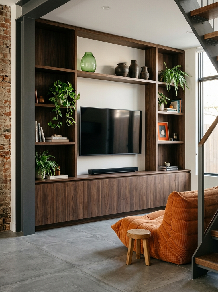 Dark walnut shelves with plants and a green glass vase around a TV, with an orange corduroy lounge chair on gray tile