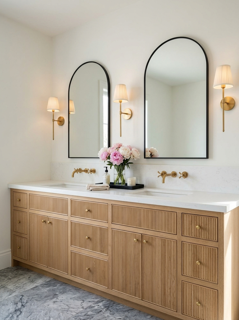 Fluted oak double vanity with brass knobs, arched black mirrors and brass sconces