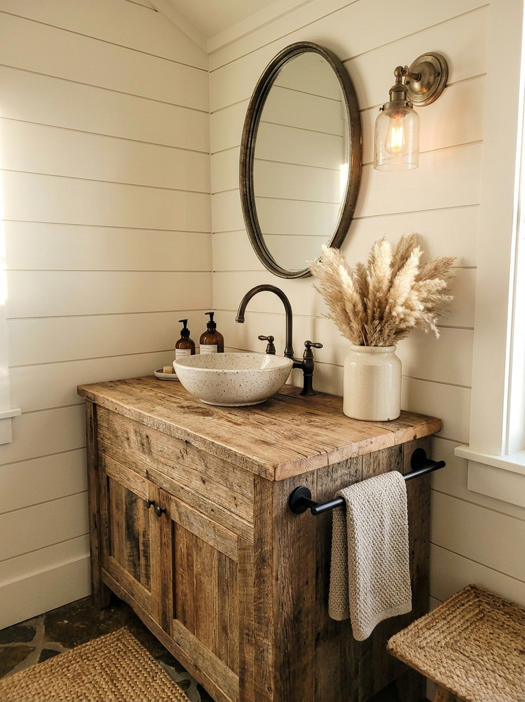 Rustic wood vanity with amber glass bottles and pampas grass under shiplap walls