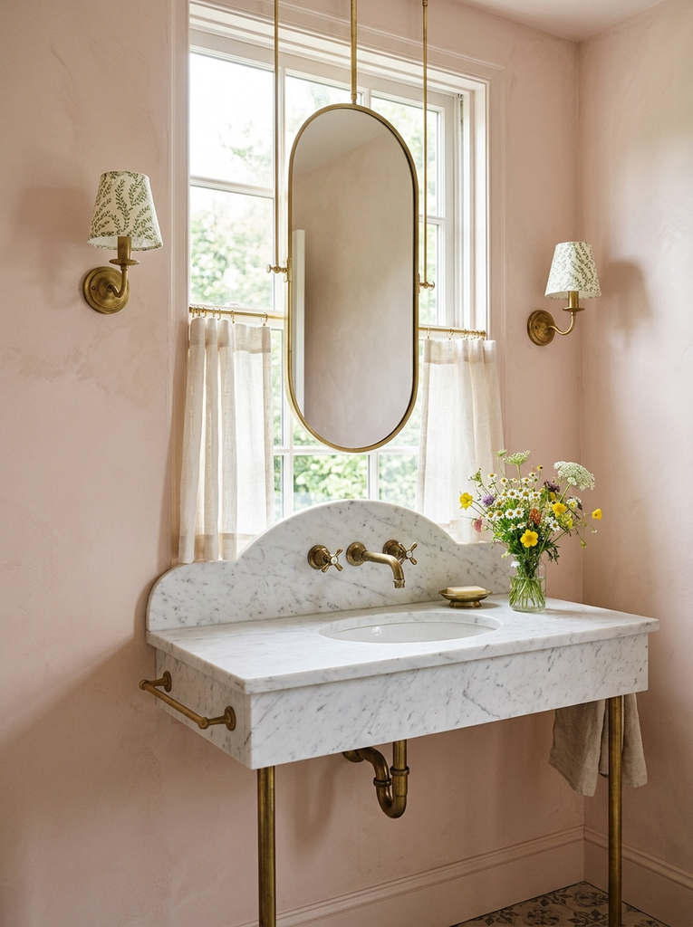 Marble console sink on brass legs with oval mirror and leaf-print sconce shades