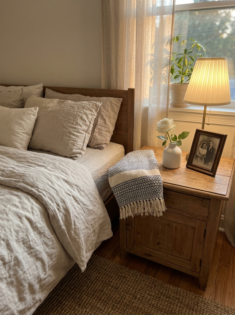 Warm bedside table with a pleated lamp, a white rose and linen bedding