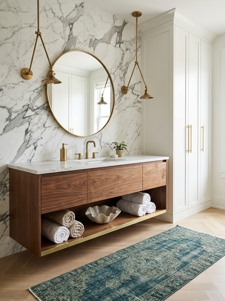 Floating walnut vanity with open brass-edged shelf holding rolled towels