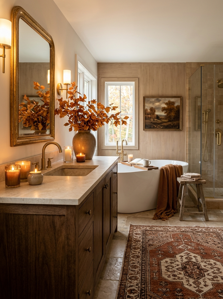 Autumn bathroom vanity with rust throw, candles and orange foliage beside a tub