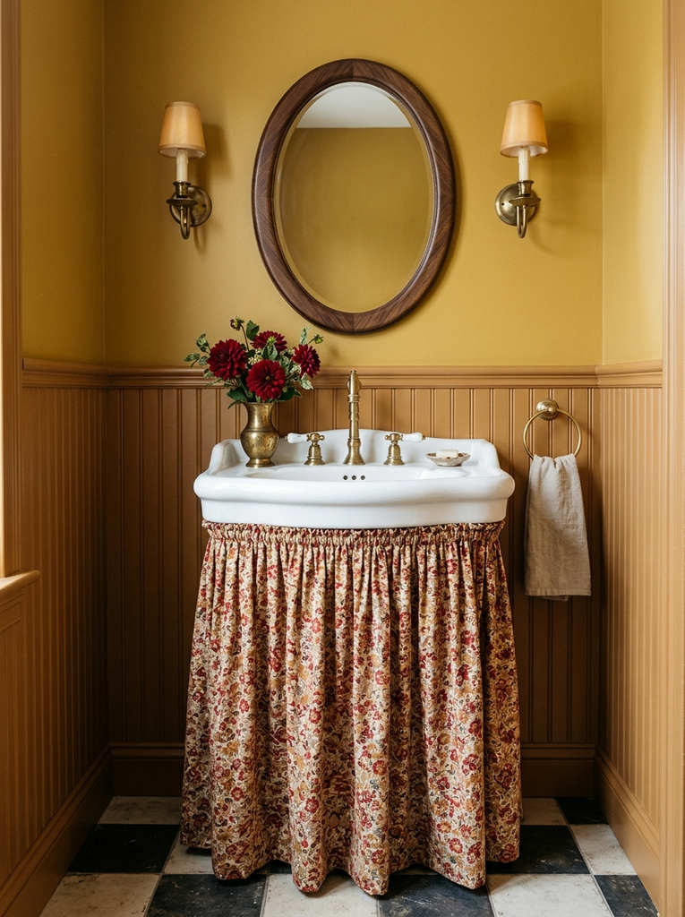Pedestal sink with gathered fabric skirt, oval mirror and mustard walls