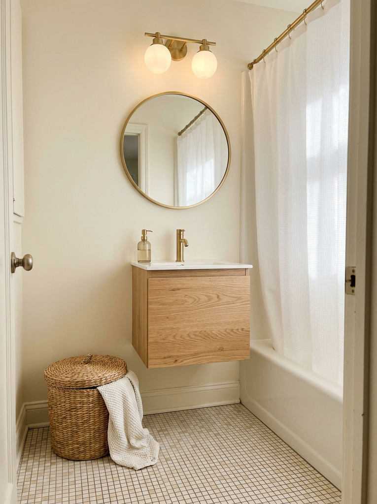 Floating light oak vanity with round gold mirror in a small bathroom