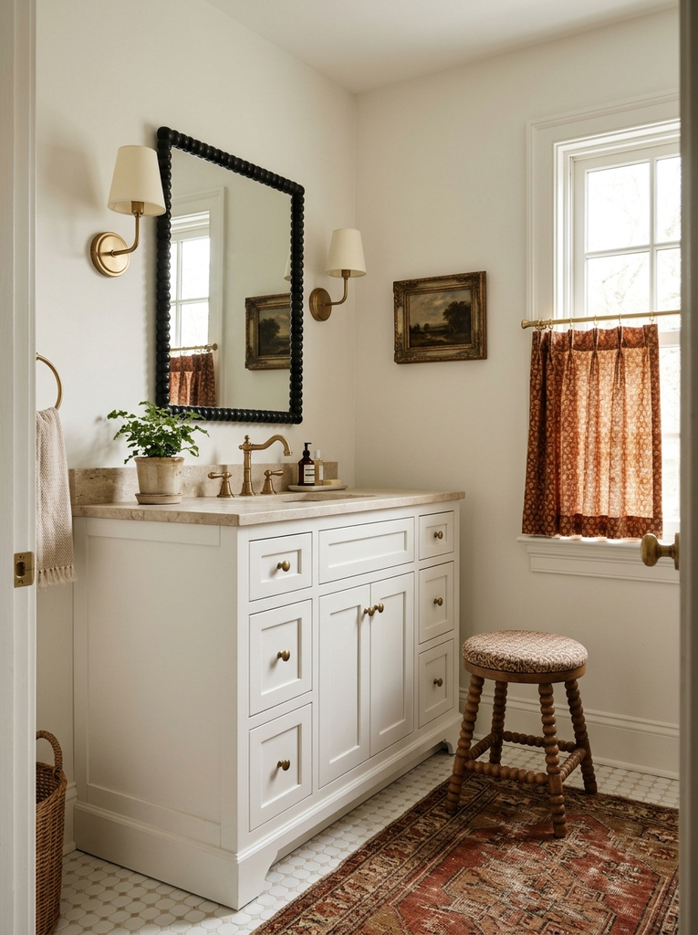 White vanity with bobbin mirror, café curtain and brass sconces
