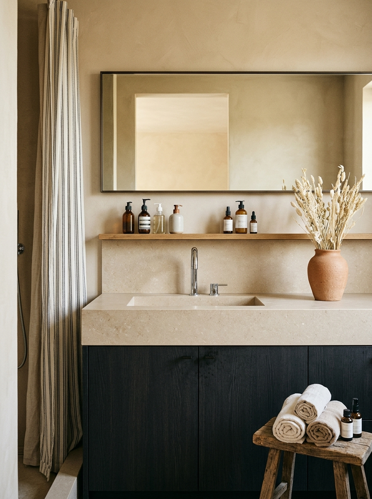 Bathroom counter with wood ledge, wooden stool, towels and terracotta vase of stems