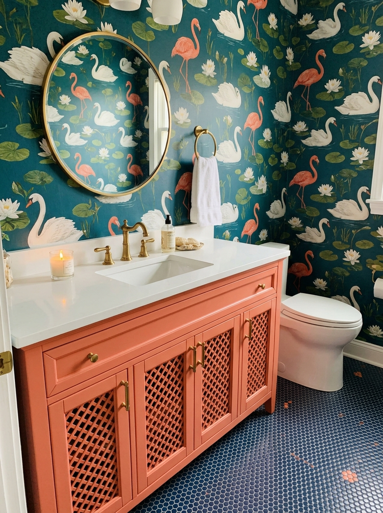 Coral lattice-front vanity against teal swan wallpaper in a powder room