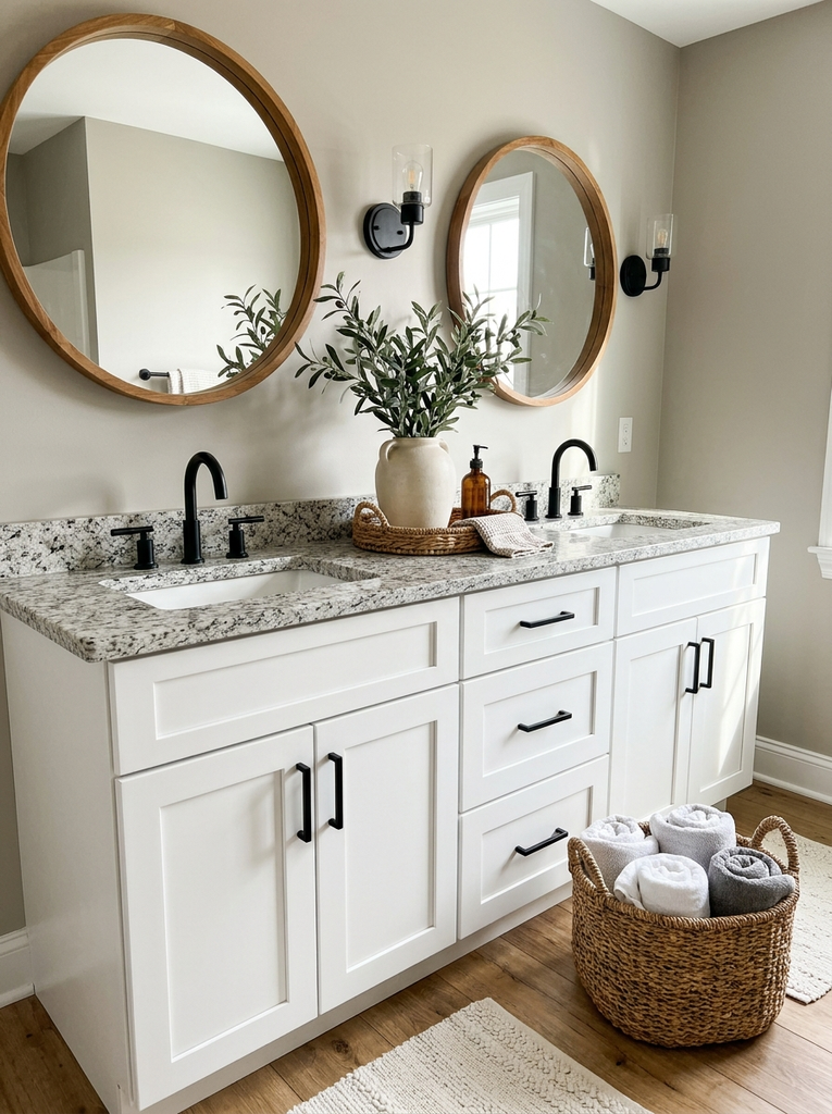 White double vanity with speckled granite top, round wood mirrors and olive branches