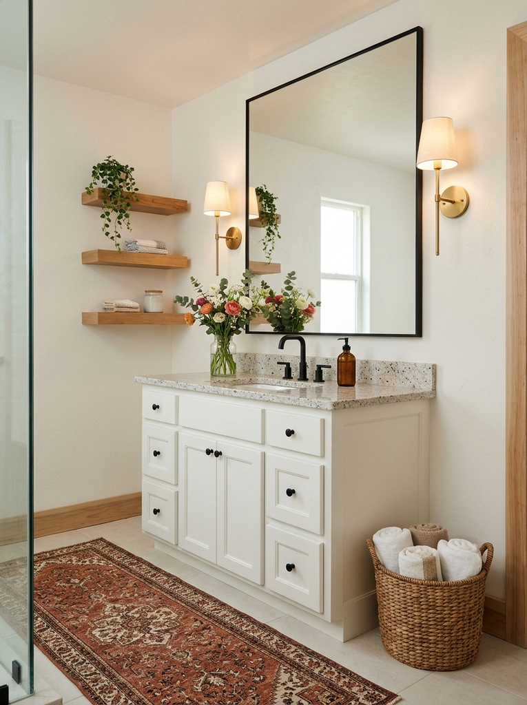 White vanity with oversized black-framed mirror, brass sconces and floating shelves