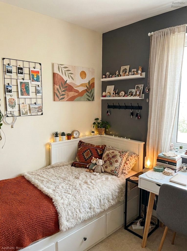 Corner bed with a storage headboard, rust throw and a colorful landscape painting