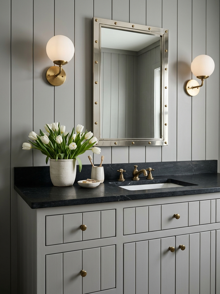 Soft gray vanity with near-black stone top, gray paneling and globe sconces
