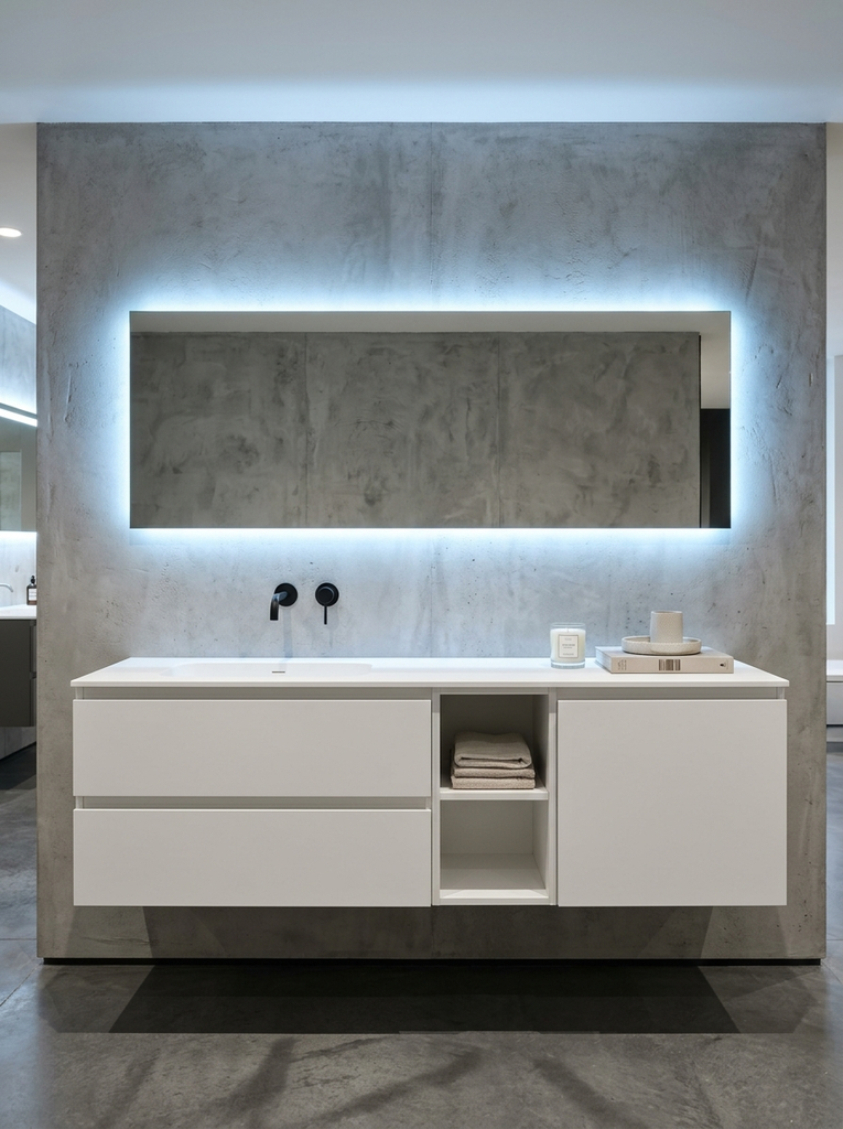 Floating white vanity under a wide mirror with blue LED backlight