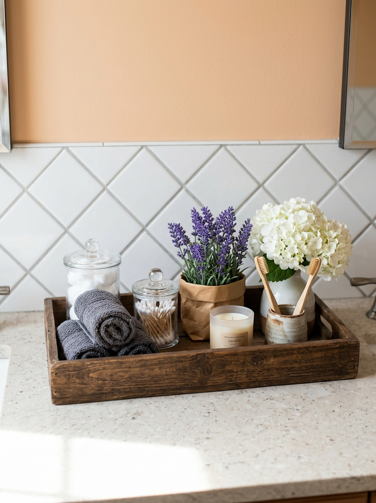 Wooden tray with rolled gray towels, glass jars, lavender and white hydrangea