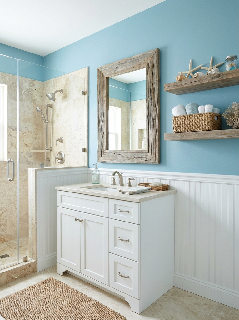 Coastal bathroom with driftwood mirror, white vanity and blue walls