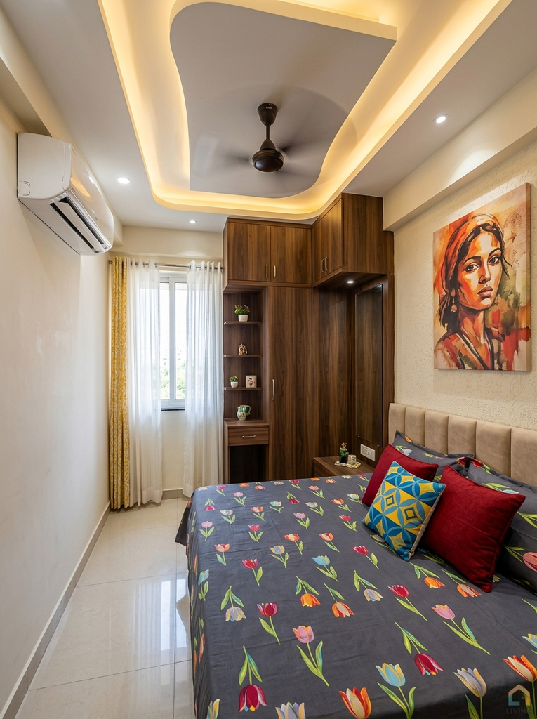 Narrow bedroom with a built-in wardrobe, mirror and cove ceiling lighting