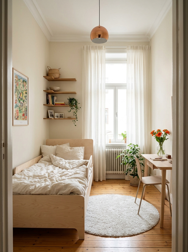 Bedroom ideas for small rooms: sunlit narrow single bedroom with sheer curtains and a round rug