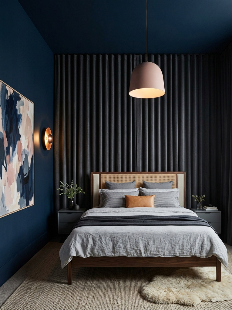 Navy bedroom with a charcoal curtain wall, walnut bed and blush pendant light
