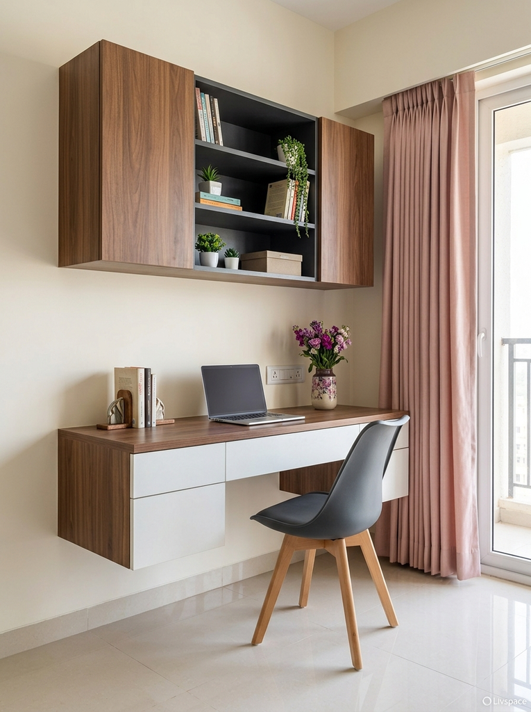 Wall-mounted walnut desk and cabinet that keep the bedroom floor clear