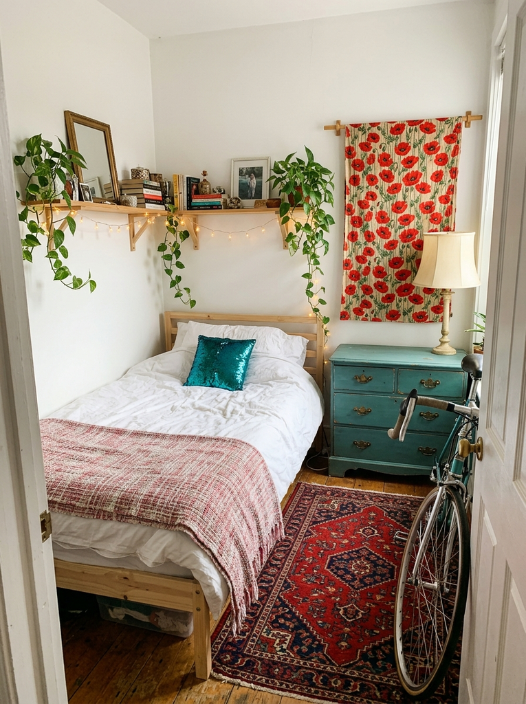 Tiny bedroom with a picture ledge, string lights and a red vintage rug