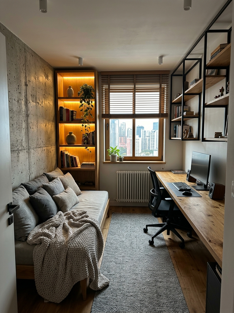 Compact urban bedroom with a concrete wall, wooden bookcase and built-in desk