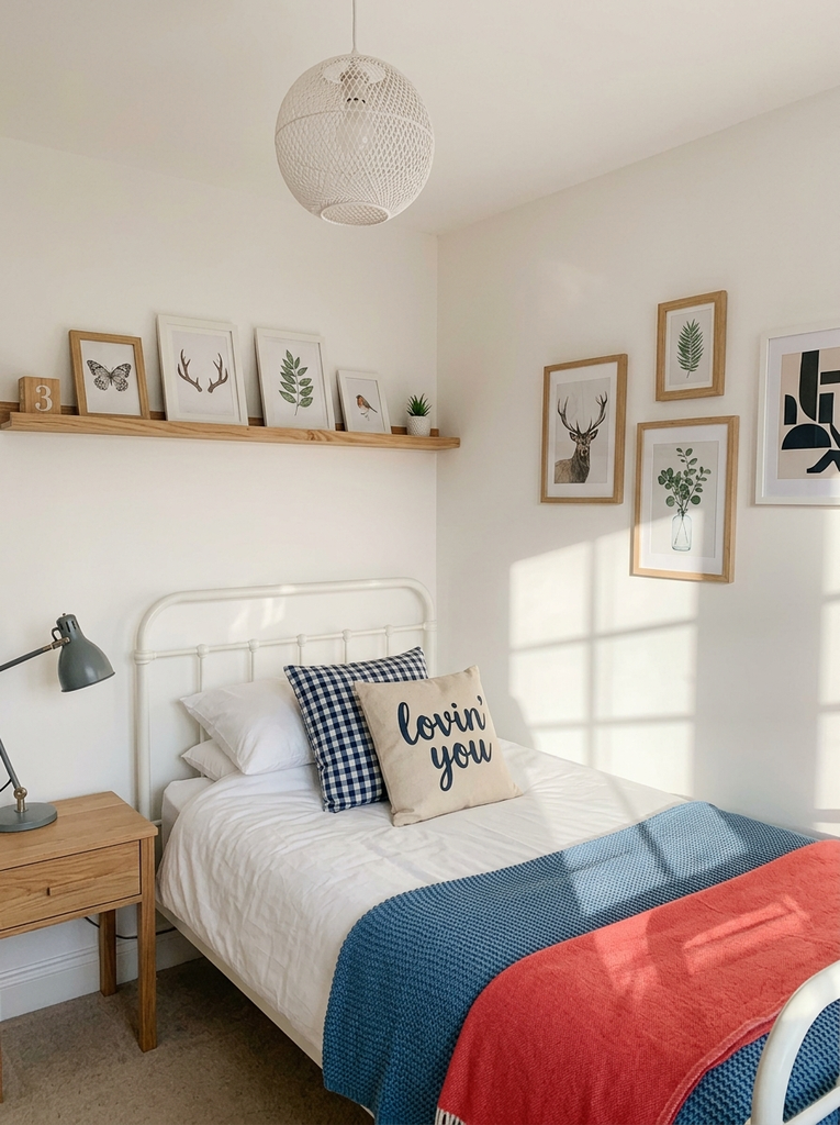 White metal bed under a wooden gallery shelf with framed prints