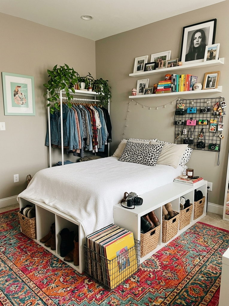 Bedroom storage with a clothes rail, shoe cube and wire grid display wall