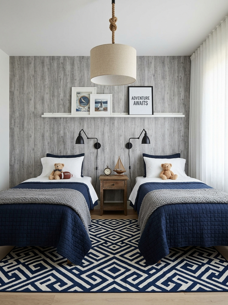 Twin beds with navy quilts under a rope and linen pendant light