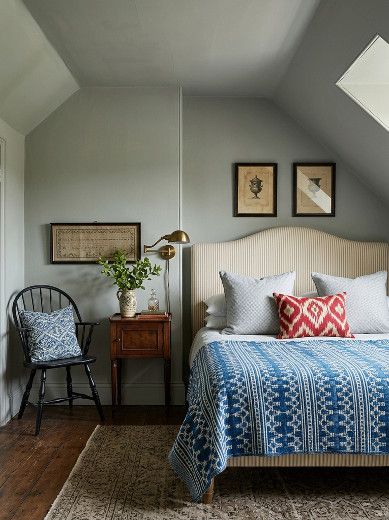 Attic bedroom with a sloped sage-gray ceiling and a blue woven coverlet