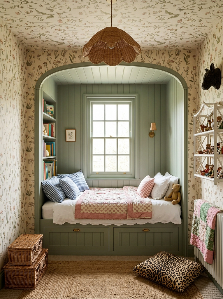 Window-seat bed in a green paneled alcove with drawers underneath