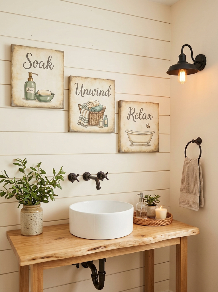 Rustic bathroom wall decor: three canvas prints reading Soak, Unwind and Relax above a bronze wall-mounted faucet and white vessel sink