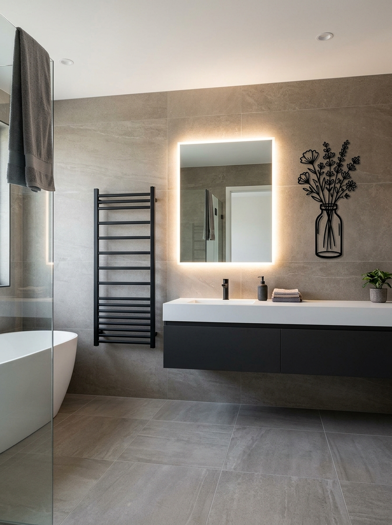 Black metal flower vase wall art beside a backlit mirror in a modern gray bathroom