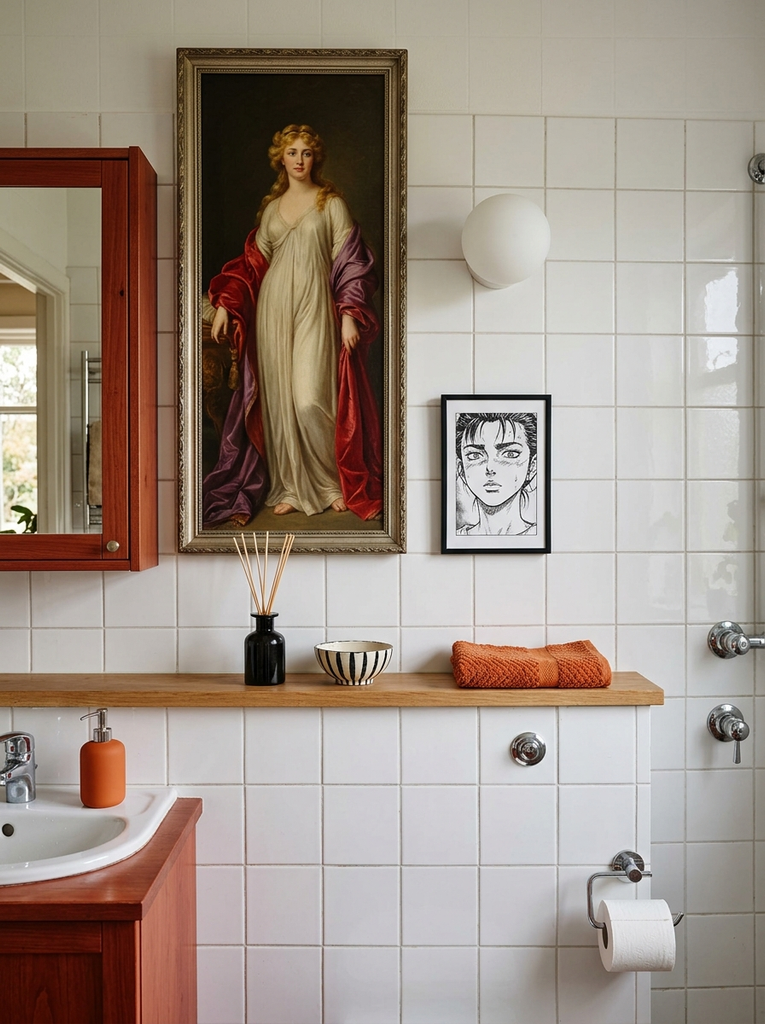 Classical oil painting and a small black-and-white print hung above a wood shelf on white bathroom tile