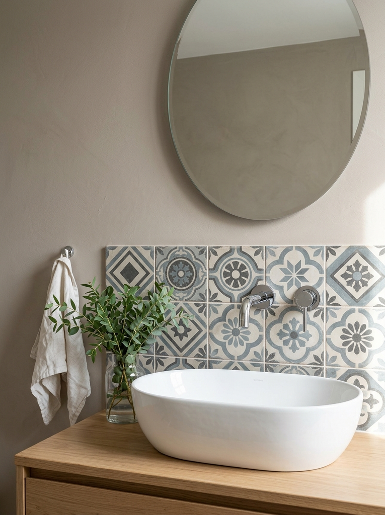 Blue-gray patterned tile bathroom wall decor behind a wall-mounted faucet and white vessel sink