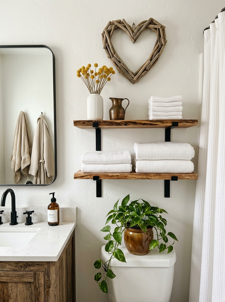 Driftwood heart above two wood floating shelves with white towels in a small bathroom