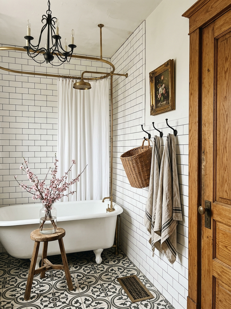 Vintage bathroom corner with a framed botanical painting, towel hooks and a black chandelier