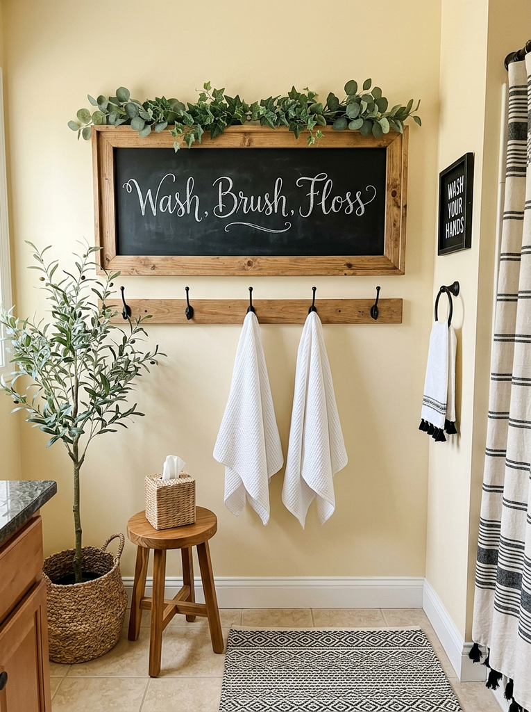 Chalkboard sign reading Wash, Brush, Floss above a wood hook rail with white towels