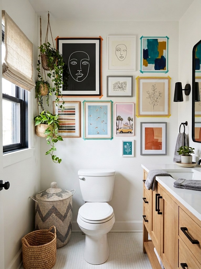 Bathroom gallery wall with tape-framed line art and color-block prints above a white toilet