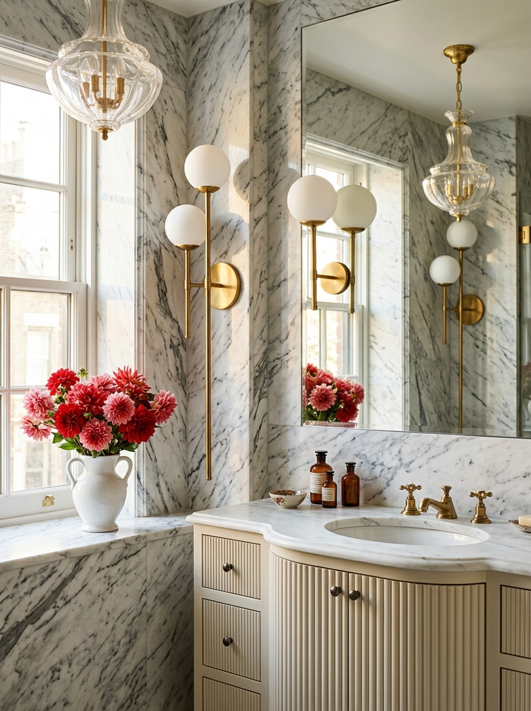 Two brass wall sconces flanking a framed mirror above a white marble vanity, a bathroom wall decor idea that adds warm light