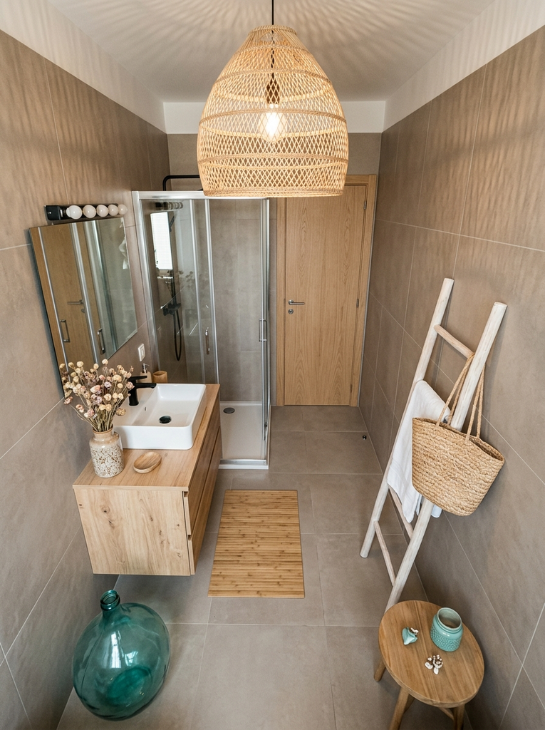 Bathroom wall with a wooden ladder and taupe walls styled as a simple, renter-friendly decorating idea