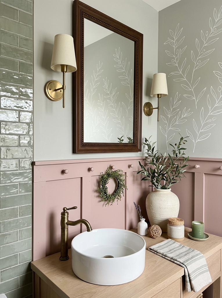 Olive green hand-painted mural beside pink board and batten paneling on a bathroom wall