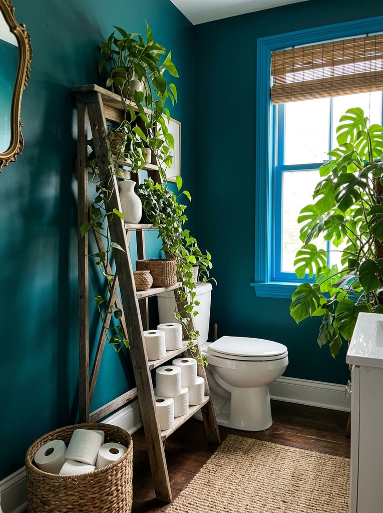 Teal bathroom wall with a ladder shelf holding trailing plants