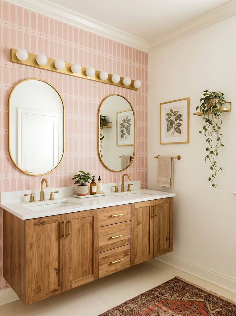 Bathroom wall covered in pink patterned wallpaper as a bold accent wall