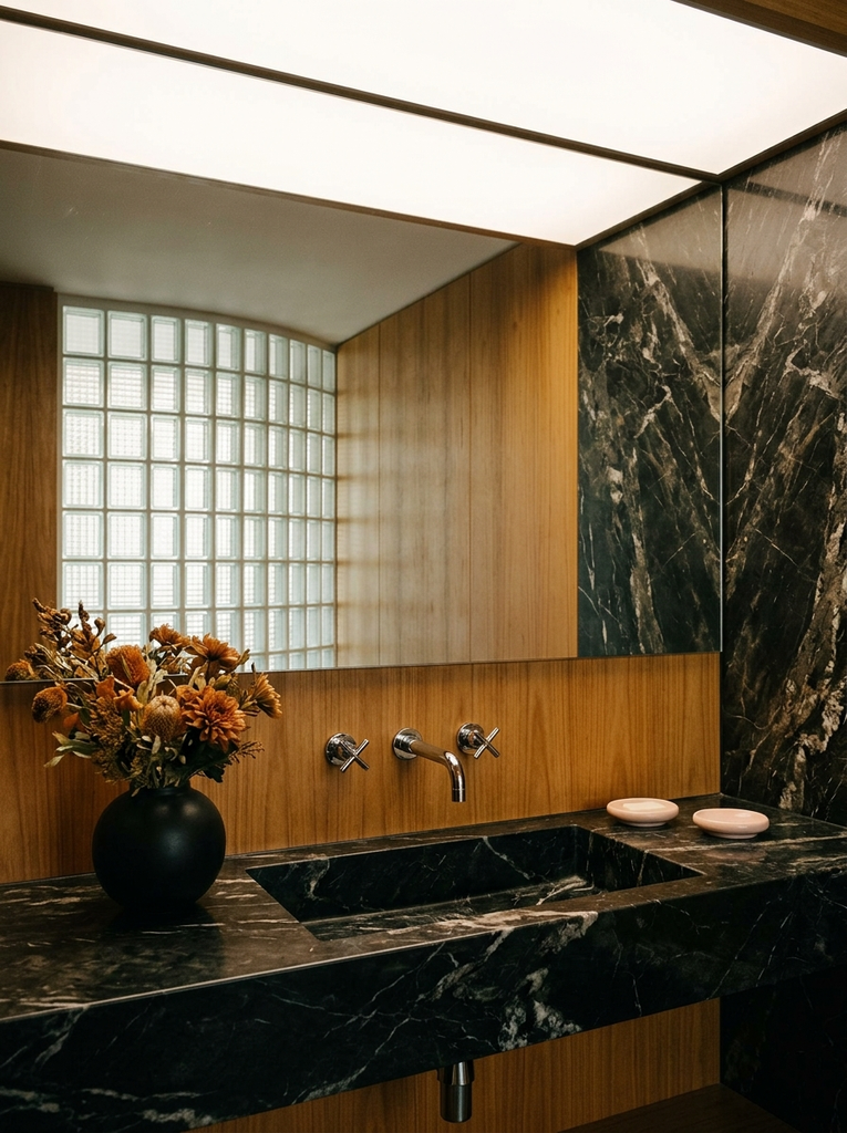 Black marble bathroom wall with a glass block panel